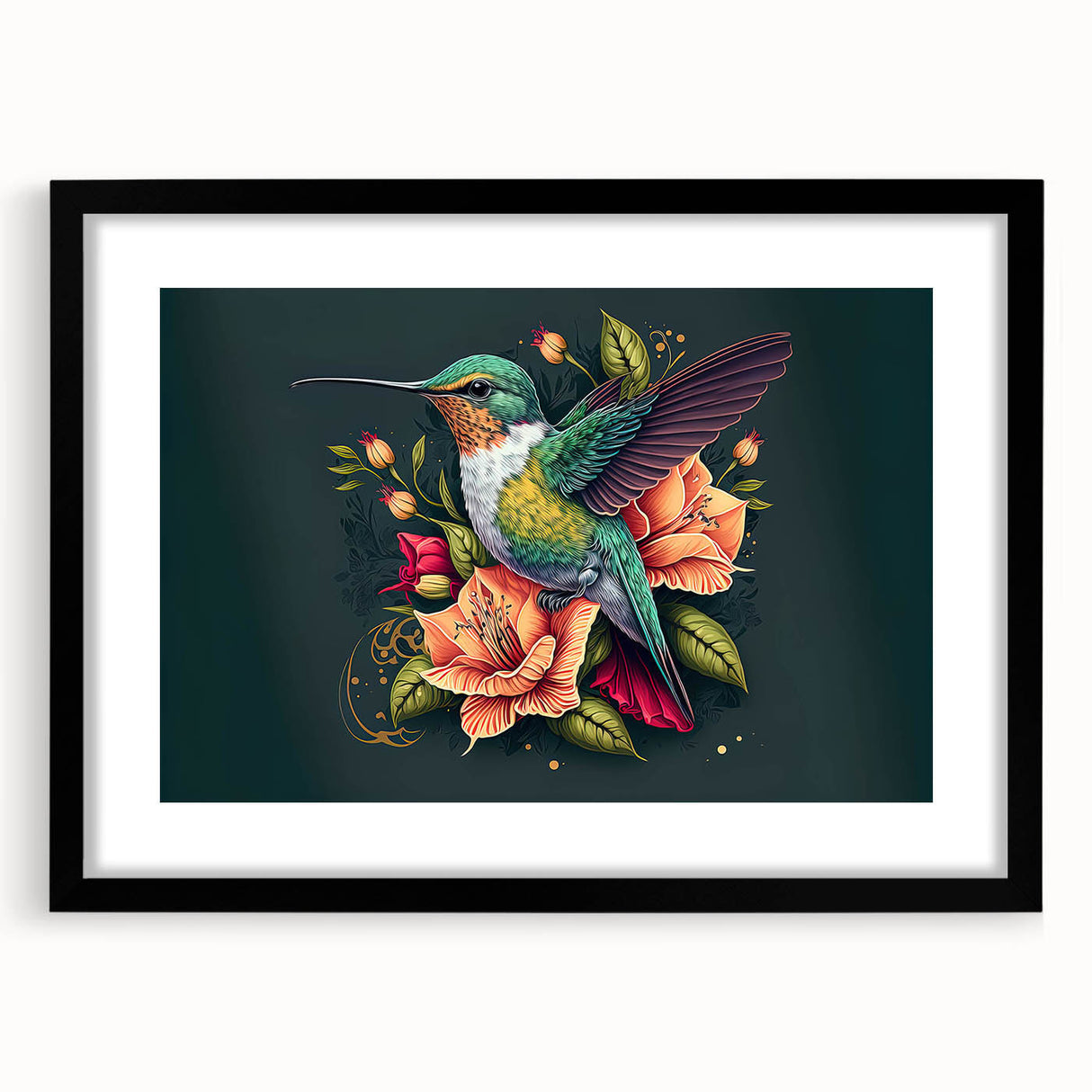 Framed wall art featuring a vibrant hummingbird design with intricate details, set in a sleek black frame. Ideal for enhancing home decor with a touch of nature.