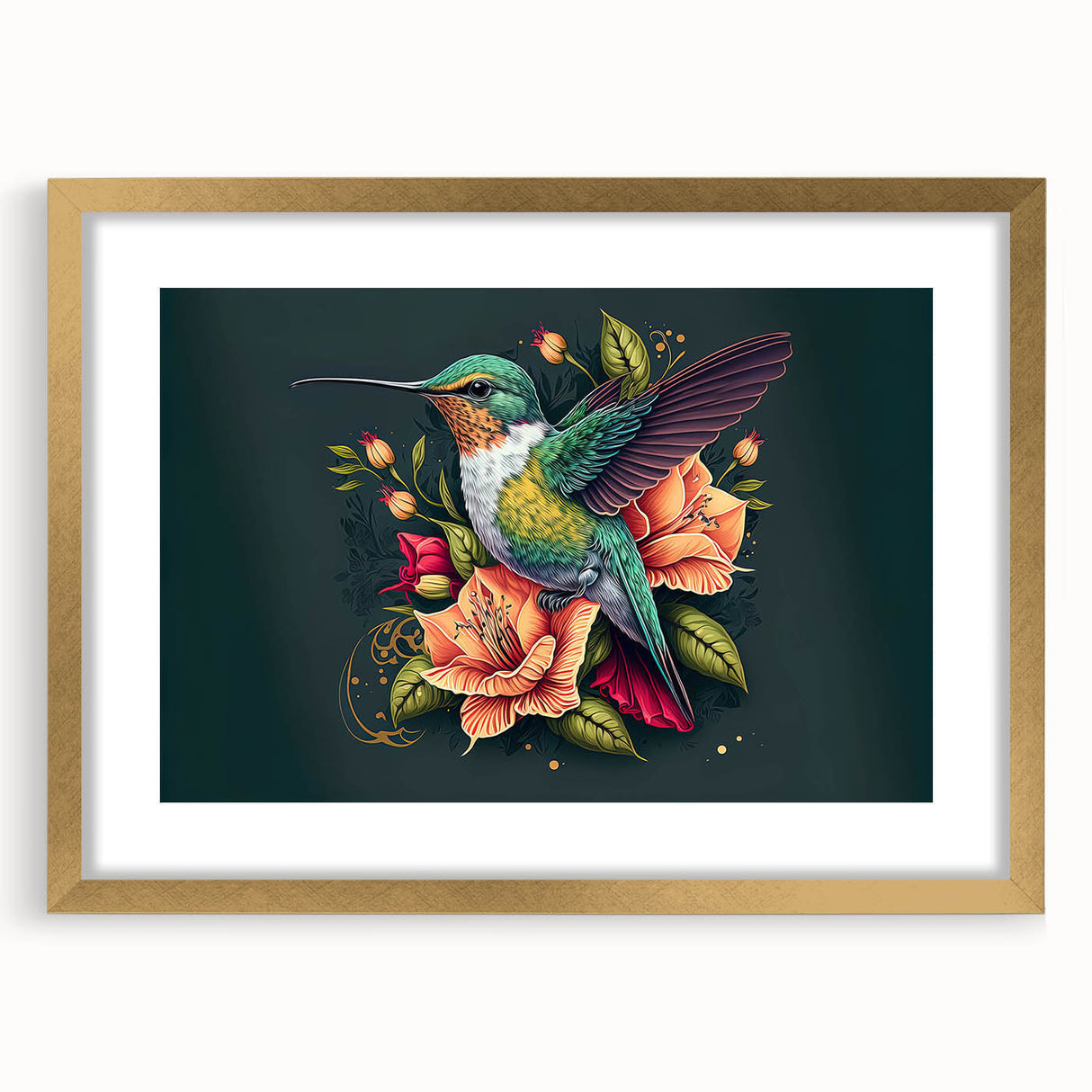 Framed wall art featuring a vibrant hummingbird design in gold accents, set against a white background, perfect for nature-inspired home decor.