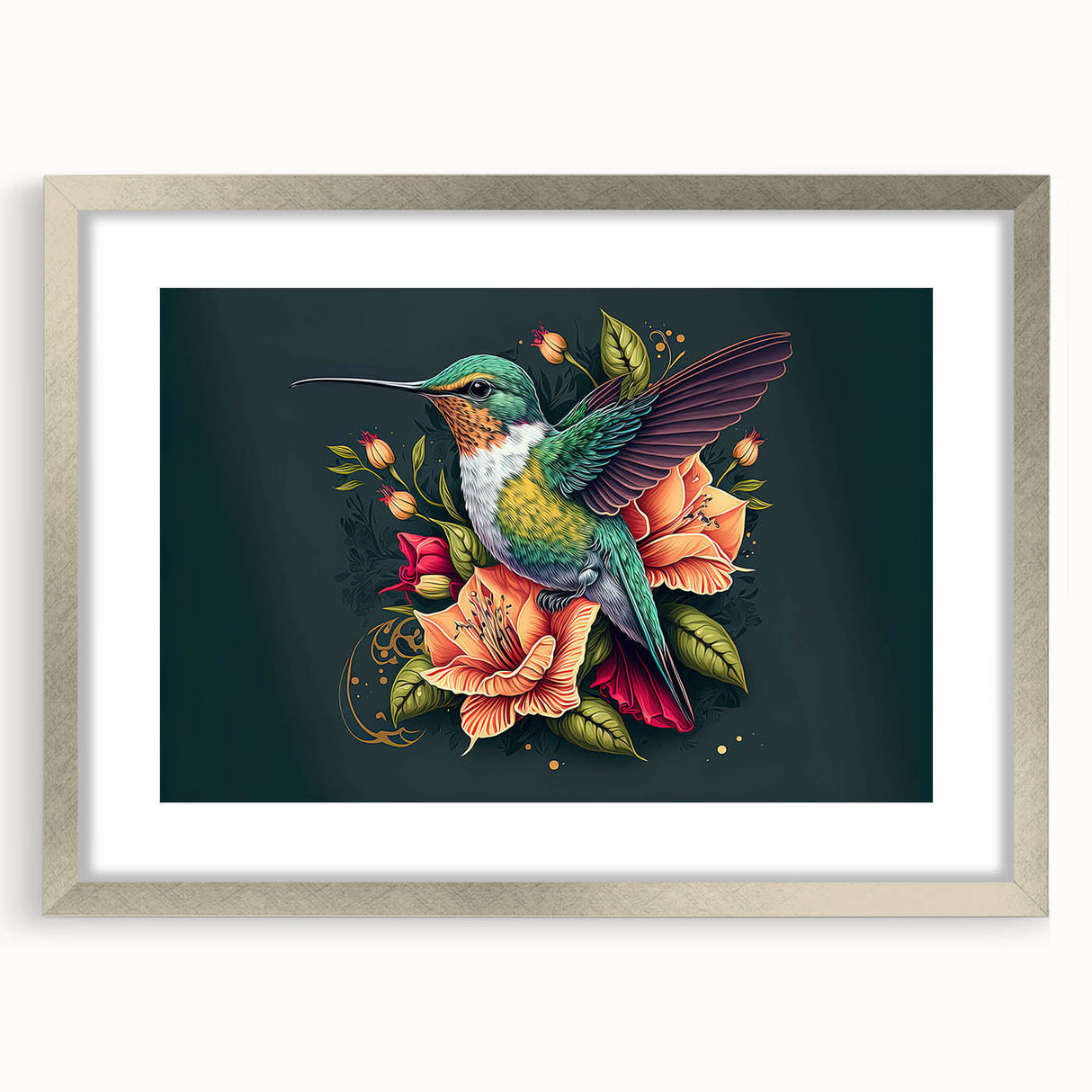 Framed wall art featuring a vibrant hummingbird design in a silver frame with a mat, perfect for adding color and elegance to any room decor.