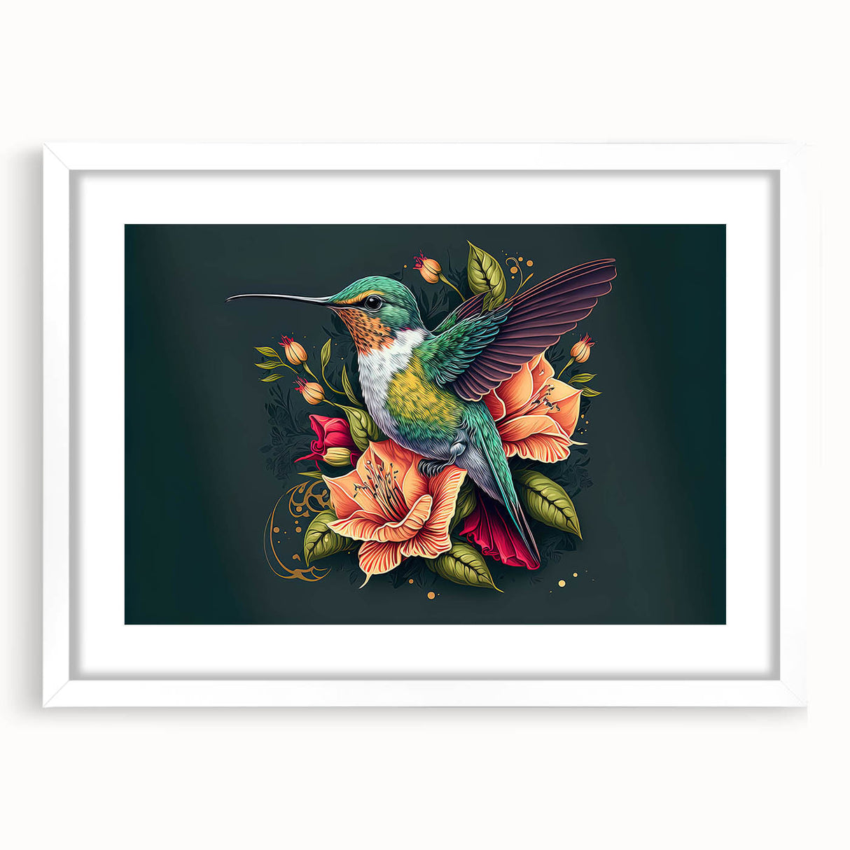 Framed wall art featuring a vibrant hummingbird design, set against a white mat, showcasing intricate details and bright colors. Perfect for nature lovers and modern decor.