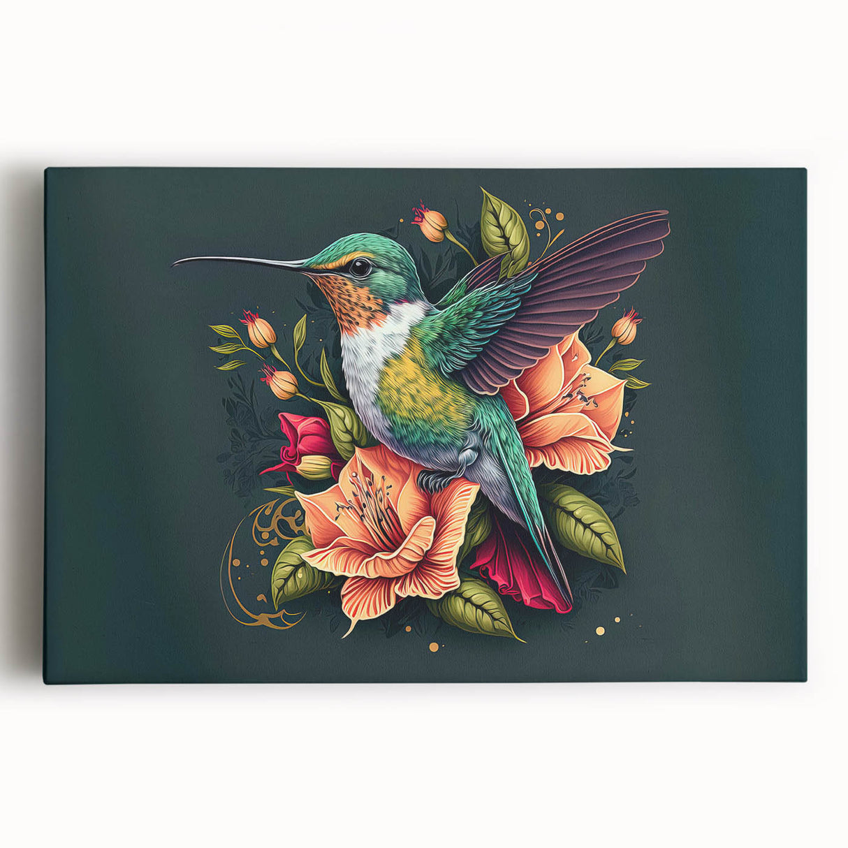 Vibrant hummingbird wall art design on stretched canvas, showcasing intricate details and bright colors, perfect for adding a lively touch to any room.