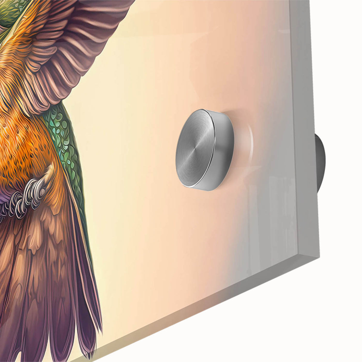 Close-up of a vibrant hummingbird wall art design featuring colorful birds against a serene backdrop, showcasing intricate details and textures on acrylic glass. This artwork adds a lively touch to any decor, perfect for nature enthusiasts and art lovers.