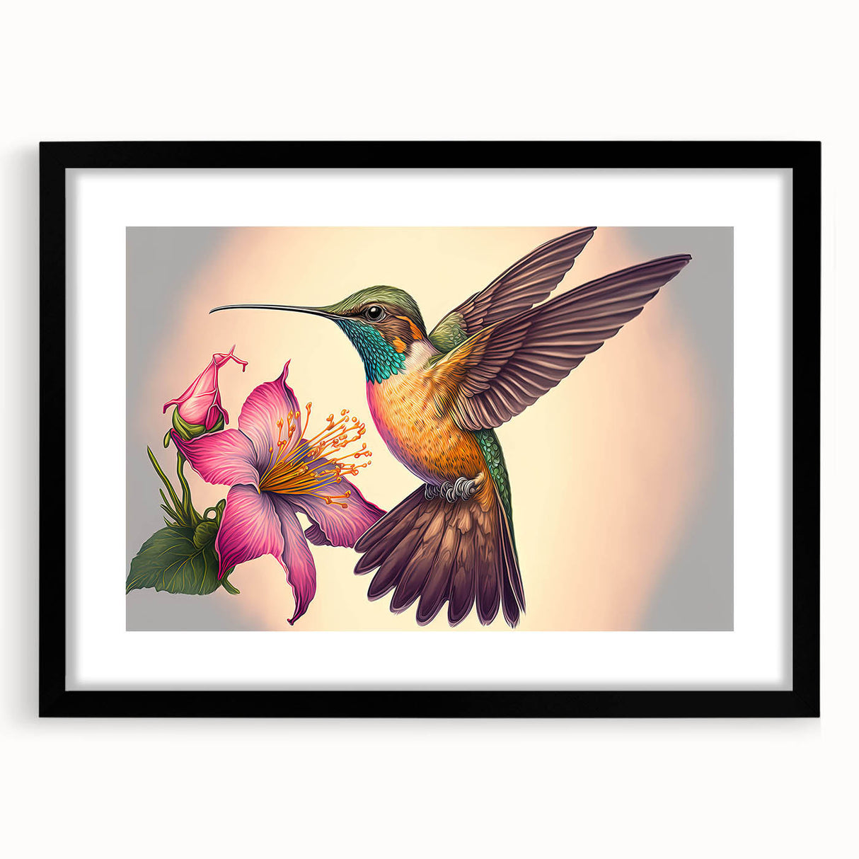 Black-framed wall art featuring a vibrant hummingbird design, showcasing intricate details and colors, ideal for enhancing any modern home decor.