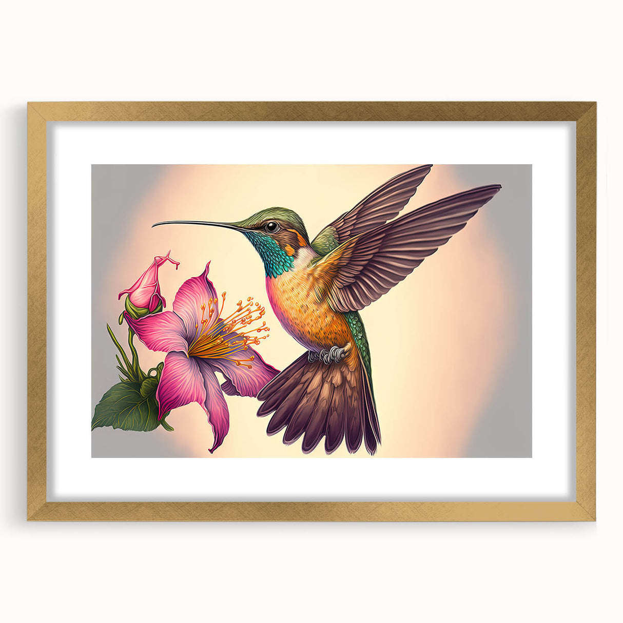 Elegant gold-framed wall art showcasing a vibrant hummingbird design with intricate details, perfect for adding a touch of nature-inspired decor to any space.