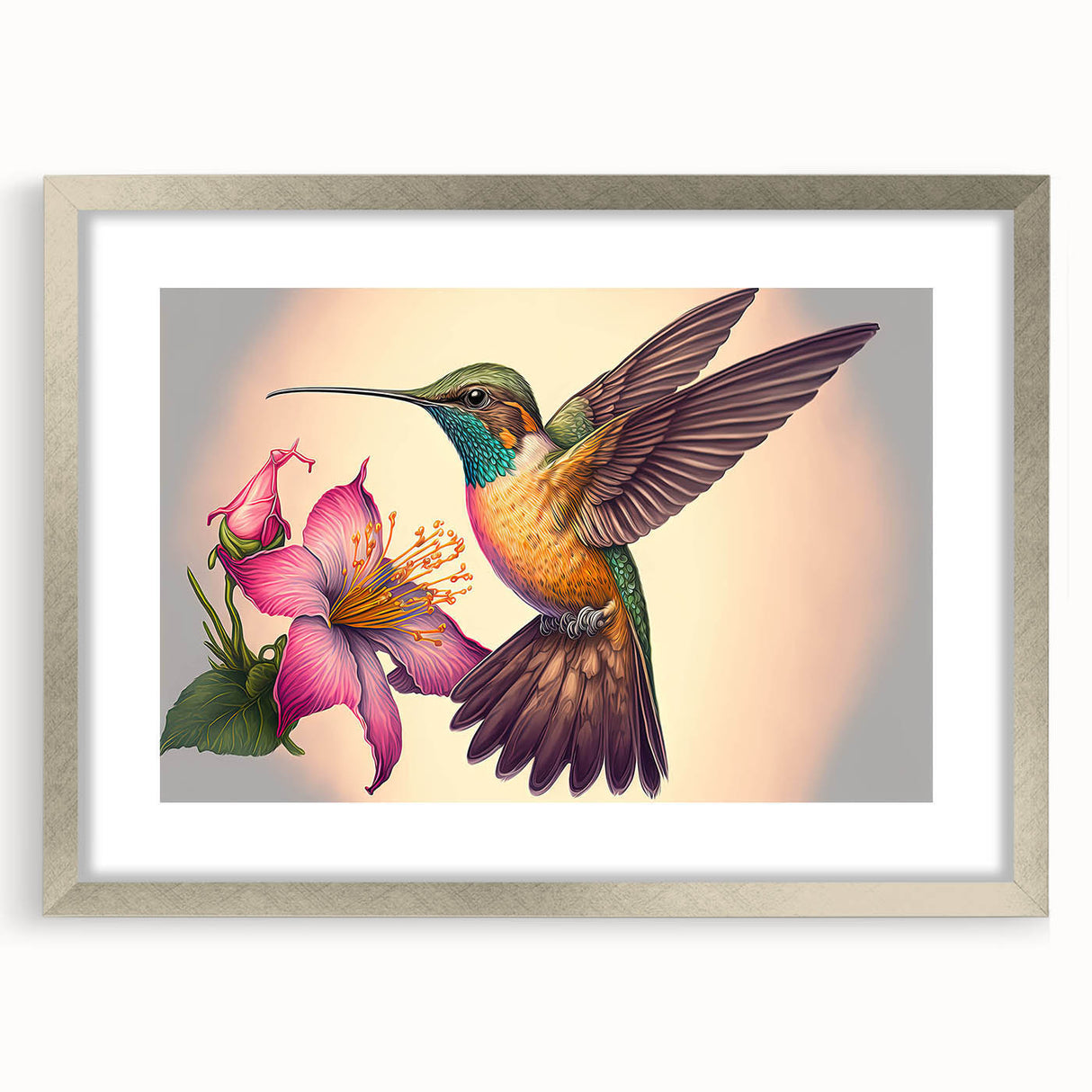 Detailed wall art featuring a silver-framed hummingbird design, showcasing vibrant colors and intricate details, perfect for enhancing modern home decor.