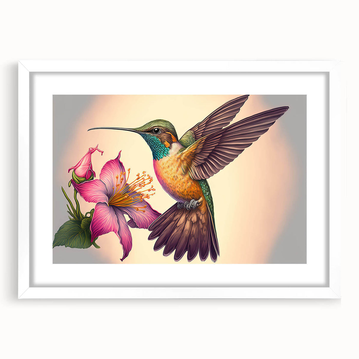 Framed wall art featuring a vibrant hummingbird design in a white mat, showcasing intricate details and vivid colors, perfect for nature-themed decor.