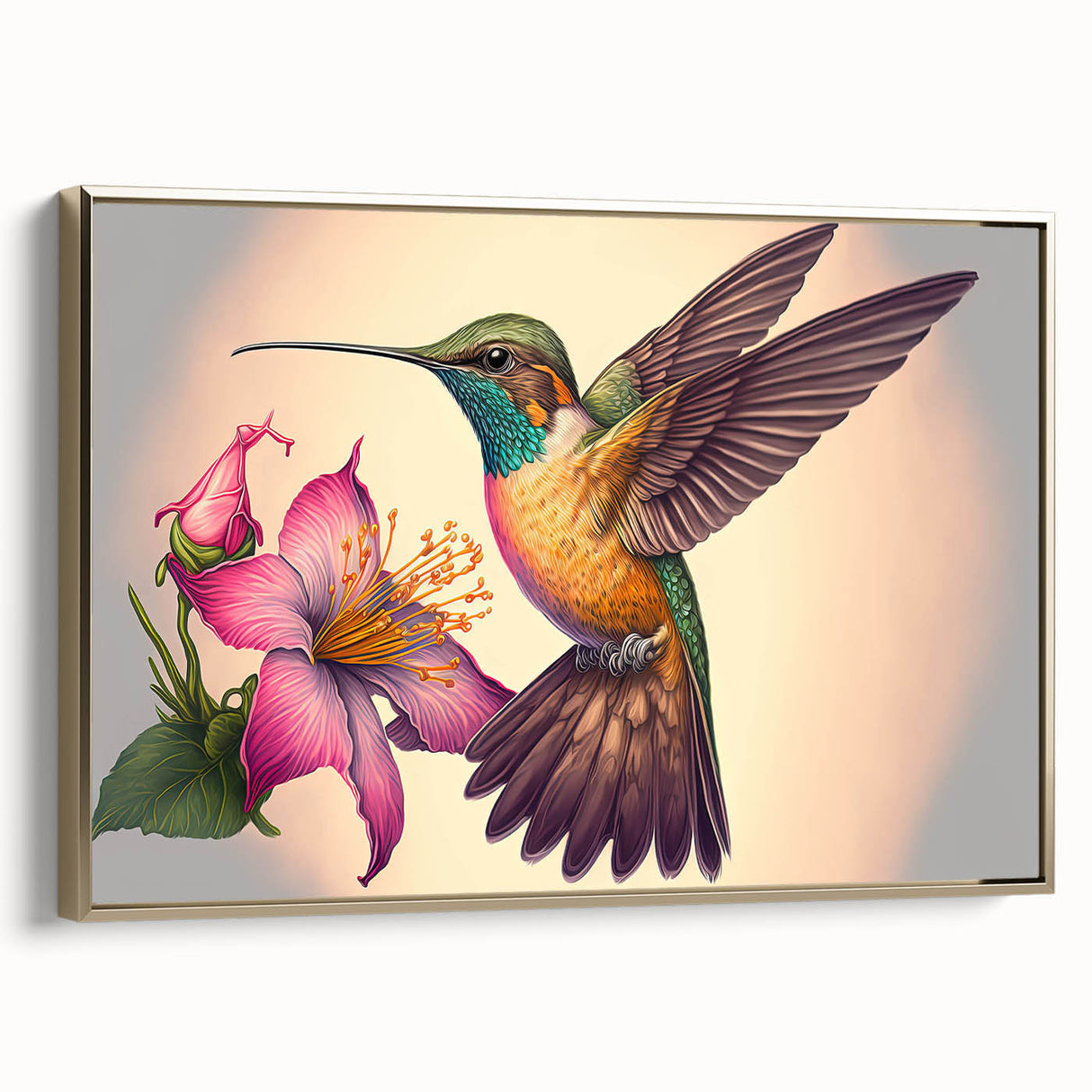 Framed wall art featuring a vibrant hummingbird design on a canvas, accented with gold framing, showcasing colorful details and intricate patterns in a stylish home setting.