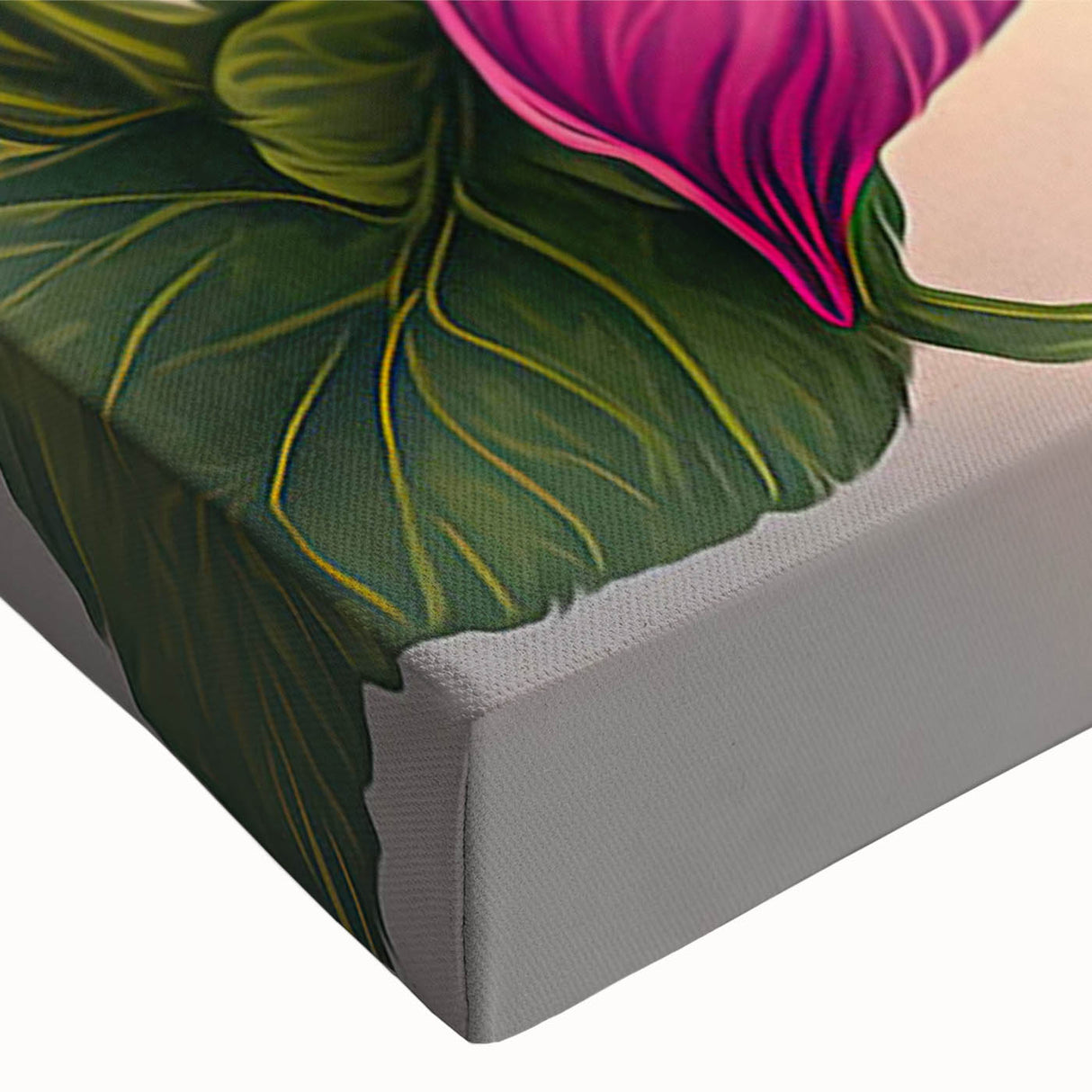 Close-up of a vibrant hummingbird wall art design, featuring intricate details and bright colors on a stretched canvas, perfect for enhancing any room's decor.
