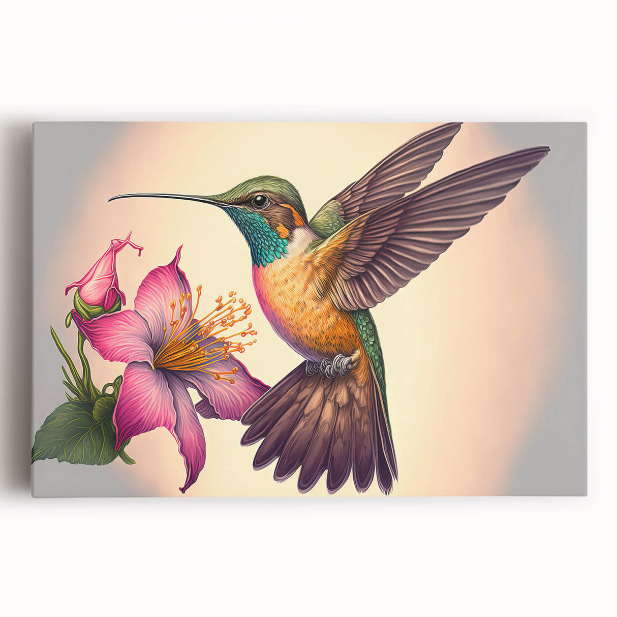 Vibrant hummingbird wall art design on stretched canvas, showcasing intricate details and bright colors, ideal for adding a touch of nature to any room.