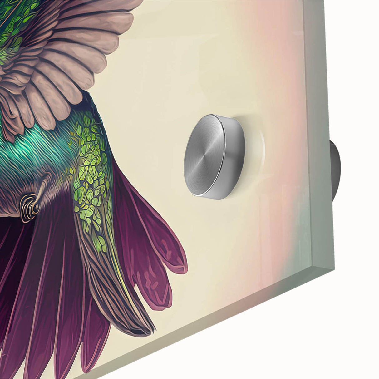 Close-up of a vibrant hummingbird wall art piece, showcasing intricate details and vivid colors on acrylic glass, ideal for nature enthusiasts and home decor.