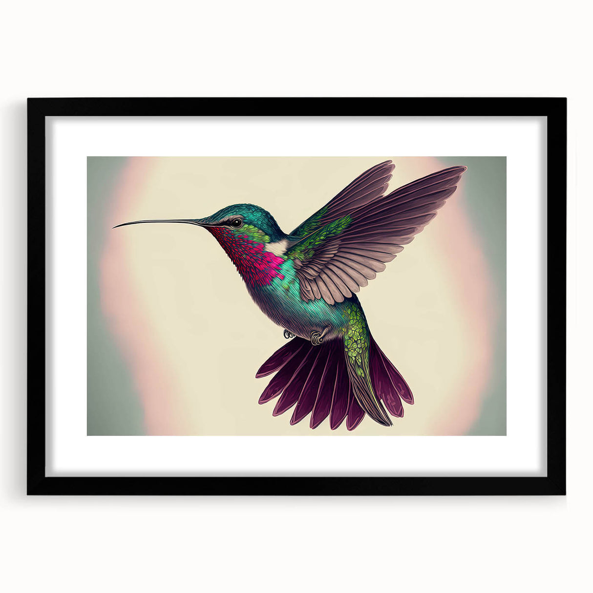 Framed wall art featuring a vibrant hummingbird design in shades of green and blue, with a sleek black frame and mat, ideal for adding color to any room.