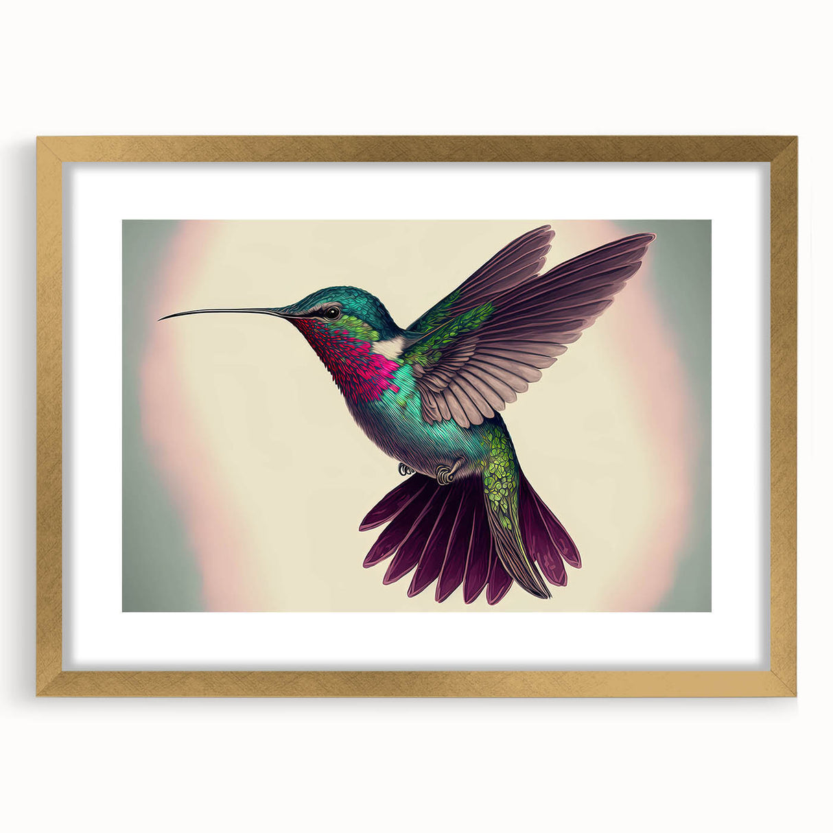 Elegant wall art featuring a gold-framed hummingbird design, showcasing vibrant colors and intricate details, perfect for enhancing home decor or gifting.