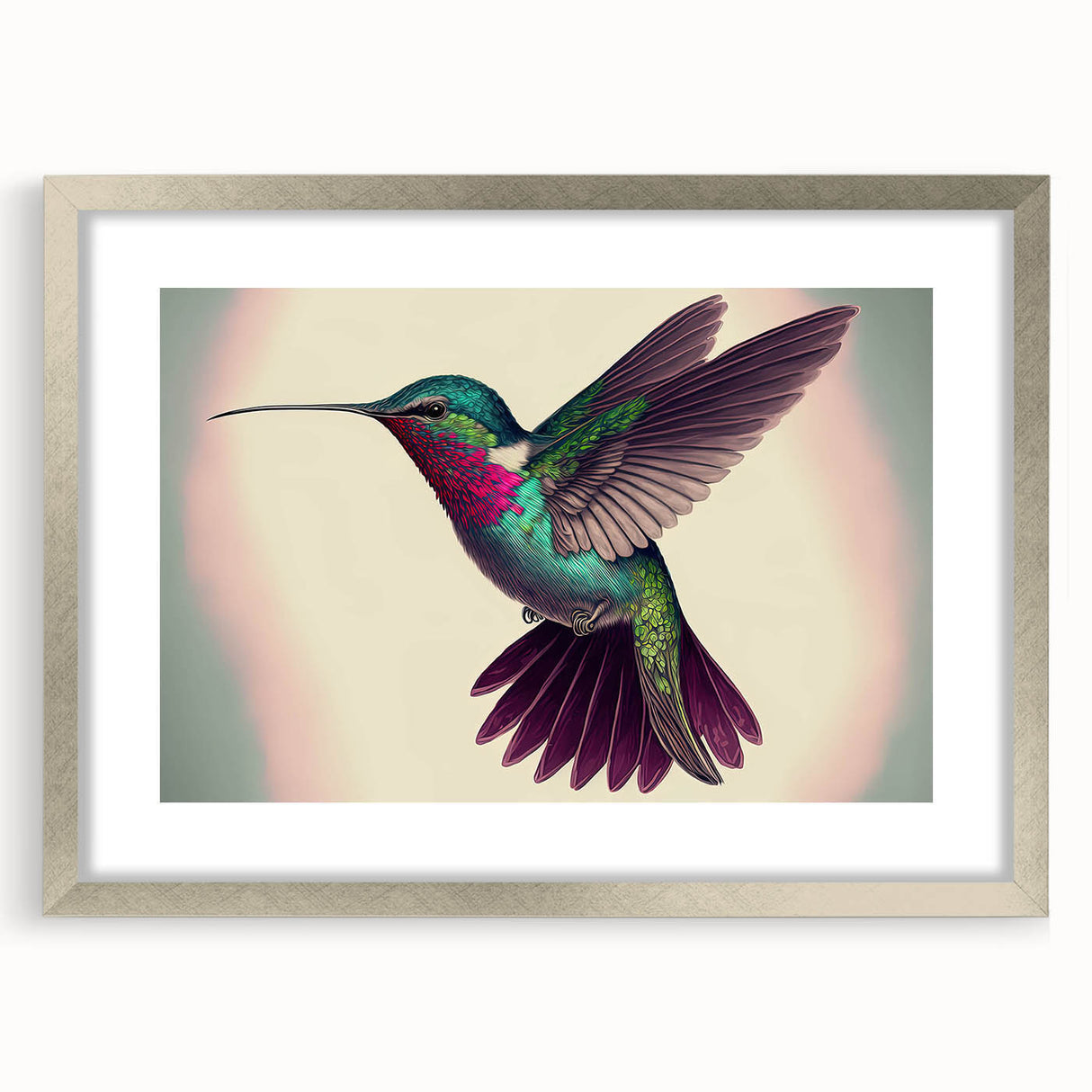 Framed wall art showcasing a vibrant hummingbird design in shades of green and blue, set against a silver mat, perfect for home decor enthusiasts.