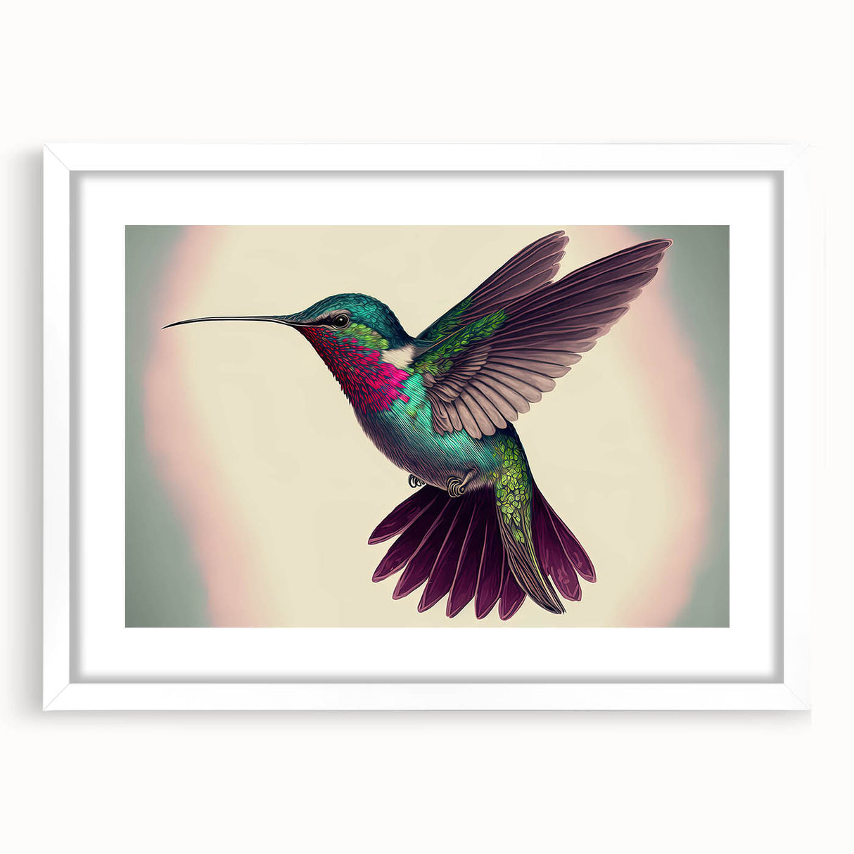 Framed wall art featuring a vibrant hummingbird design on a white mat, showcasing colorful details and intricate patterns, ideal for home decor.