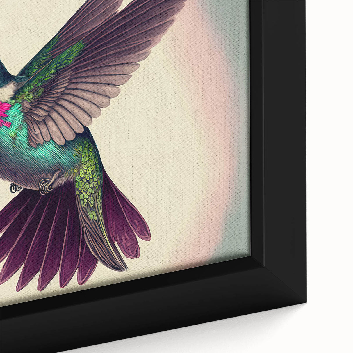 Framed canvas wall art featuring a vibrant close-up design of a hummingbird, showcasing intricate details and vivid colors, perfect for nature-inspired decor.