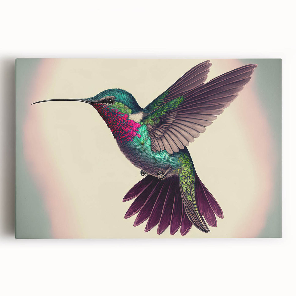 Vibrant hummingbird wall art canvas print showcasing intricate design details and rich colors, perfect for enhancing home decor with nature-inspired aesthetics.