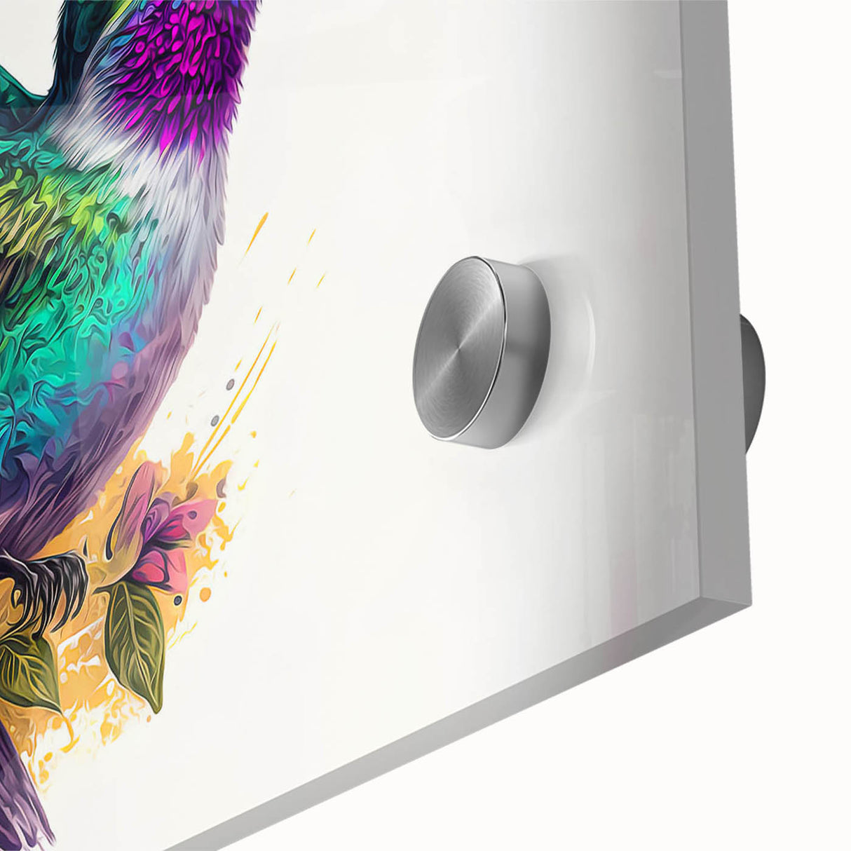 Close-up of a vibrant hummingbird design wall art piece, showcasing intricate details and vivid colors on acrylic glass, ideal for nature-themed decor.