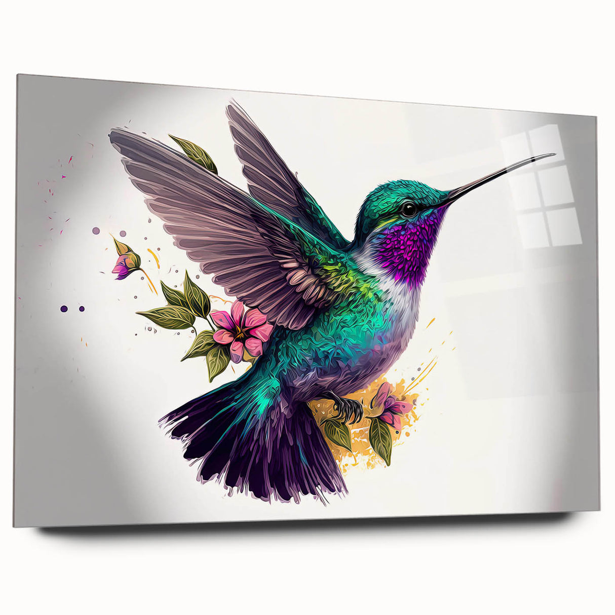 Vibrant wall art collection featuring a side view of a hummingbird design on acrylic glass, showcasing intricate colors and details, ideal for modern decor.