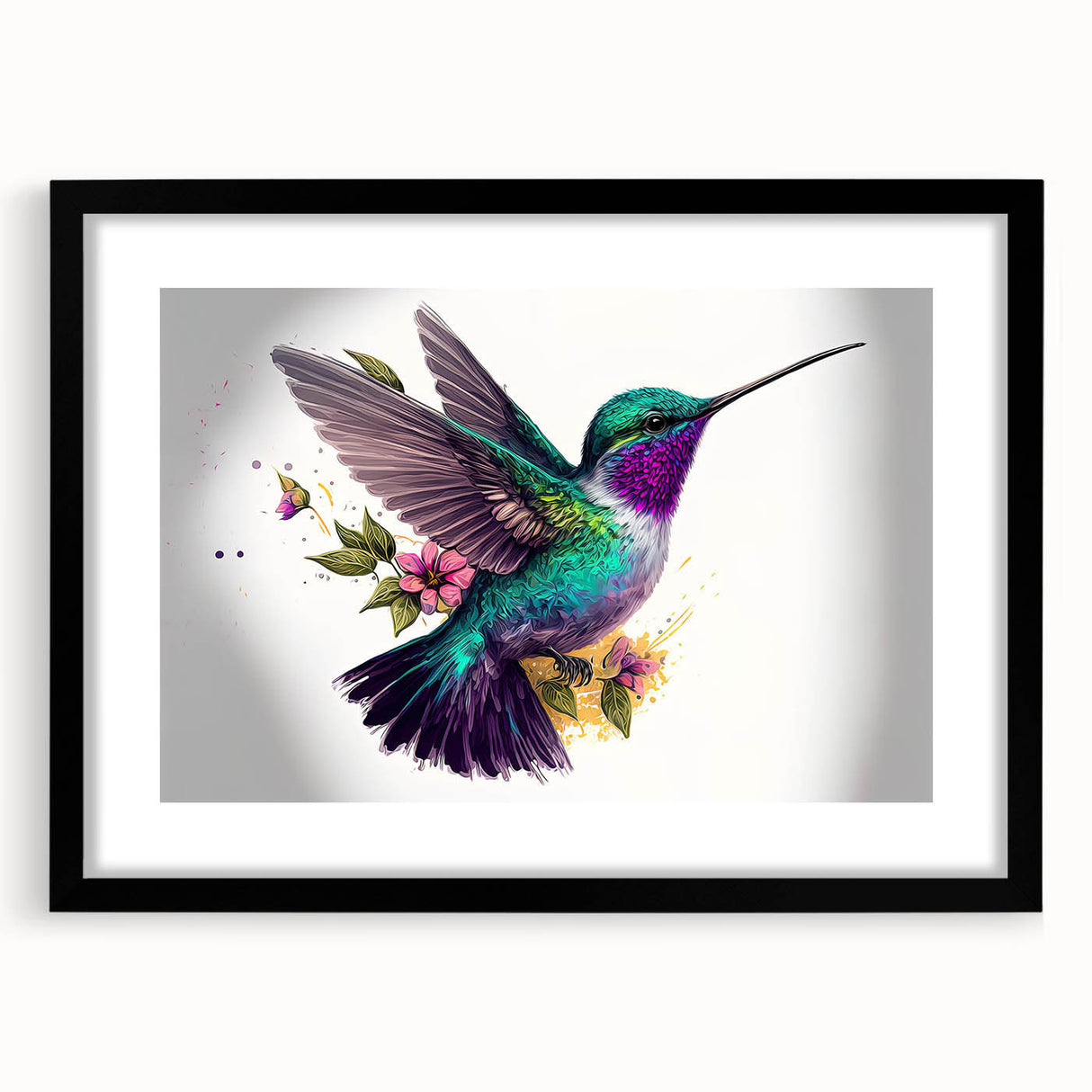 Framed wall art featuring a vibrant hummingbird design, showcasing intricate details and bright colors, set against a sleek black frame, ideal for home decor.