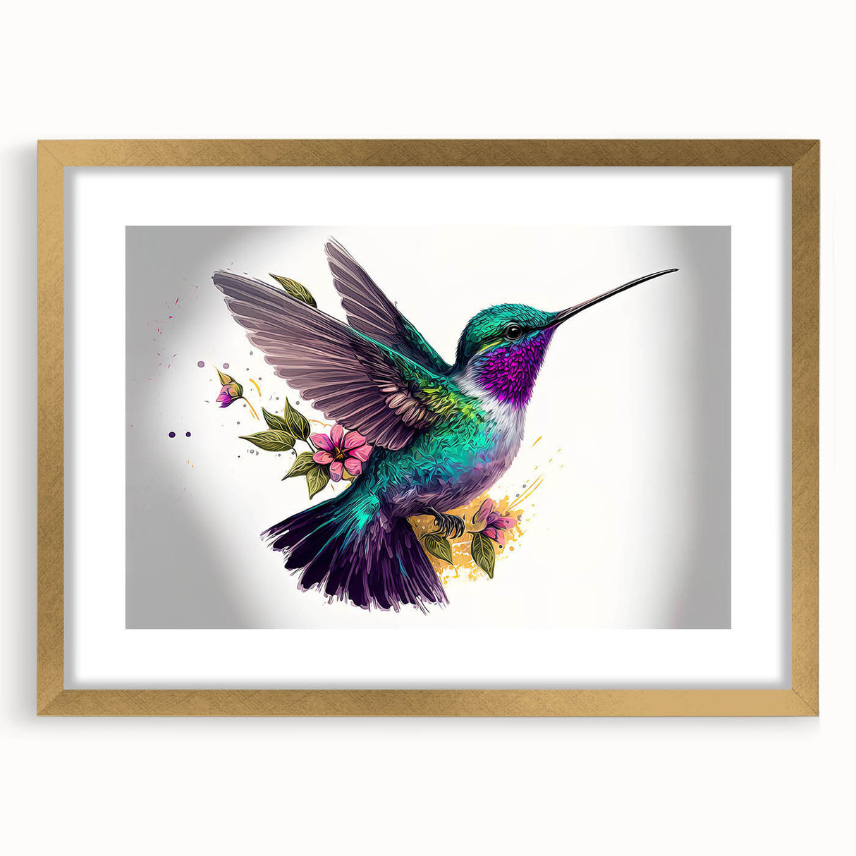 Hummingbird-themed wall art collection framed in gold, featuring vibrant colors and intricate designs, perfect for home decor and nature enthusiasts.