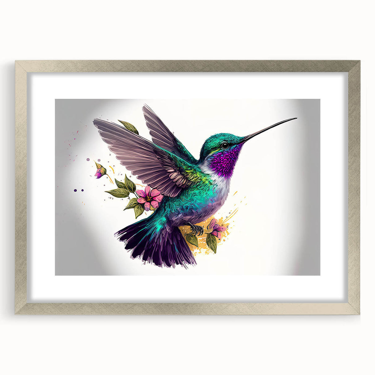 Framed wall art featuring a vibrant hummingbird design in shades of teal and gold, set against a sleek silver frame with a matte finish, ideal for home decor.