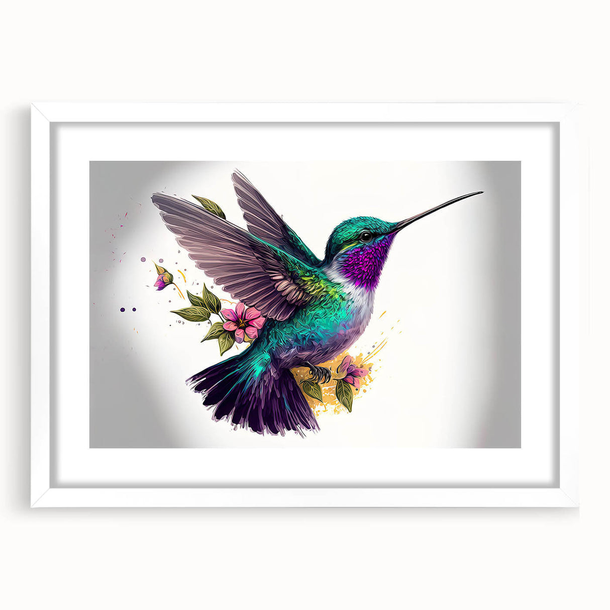 Framed wall art collection featuring vibrant hummingbird designs in a white mat, ideal for enhancing home decor with nature-inspired themes. Perfect for bird lovers.
