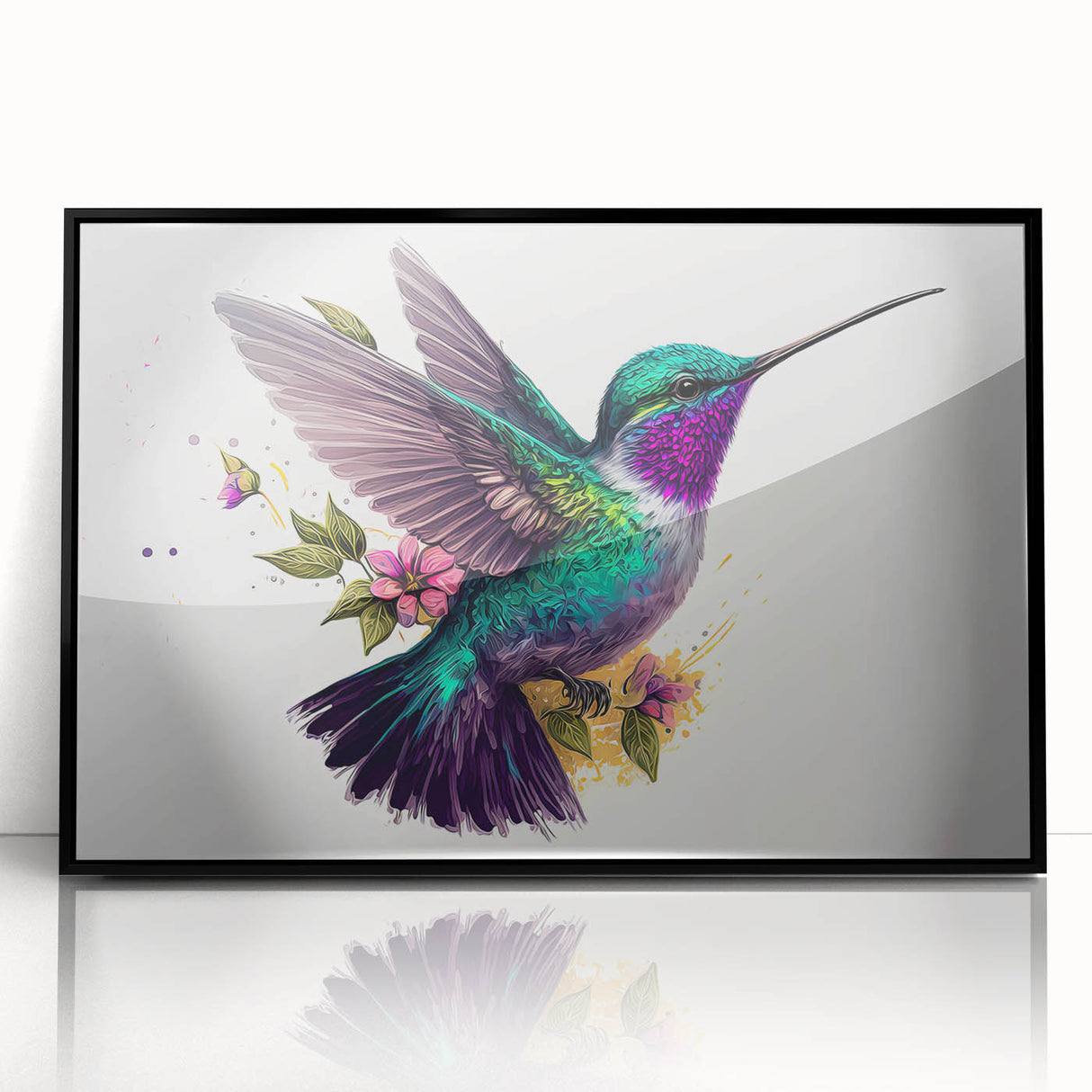 Framed wall art featuring a vibrant hummingbird design, set in a sleek black frame, showcasing colorful details and intricate patterns, perfect for nature enthusiasts.