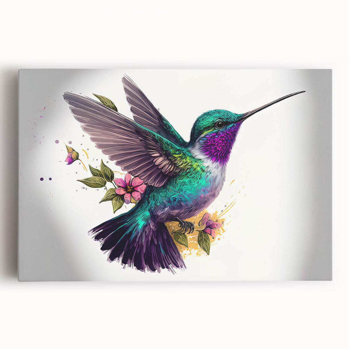 Vibrant hummingbird wall art design featuring colorful, detailed illustrations on a stretched canvas, perfect for enhancing home decor with a natural touch.
