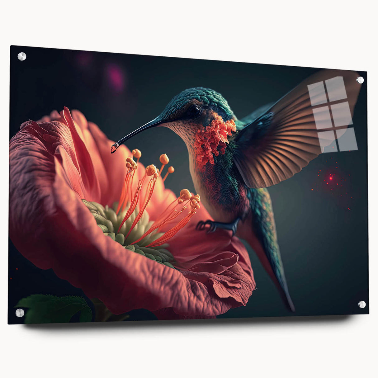 Vibrant wall art featuring a colorful hummingbird design printed on acrylic glass, showcasing intricate details and a sleek side view with decorative pins, perfect for home decor.