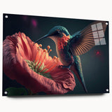 Vibrant wall art featuring a colorful hummingbird design printed on acrylic glass, showcasing intricate details and a sleek side view with decorative pins, perfect for home decor.