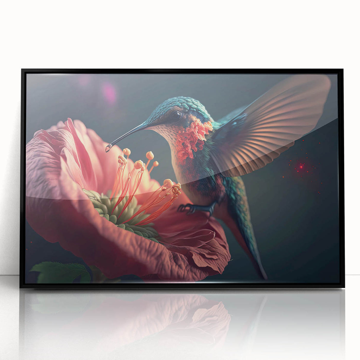 Framed wall art showcasing a vibrant hummingbird design with colorful details against a black background, perfect for adding elegance to any room decor.