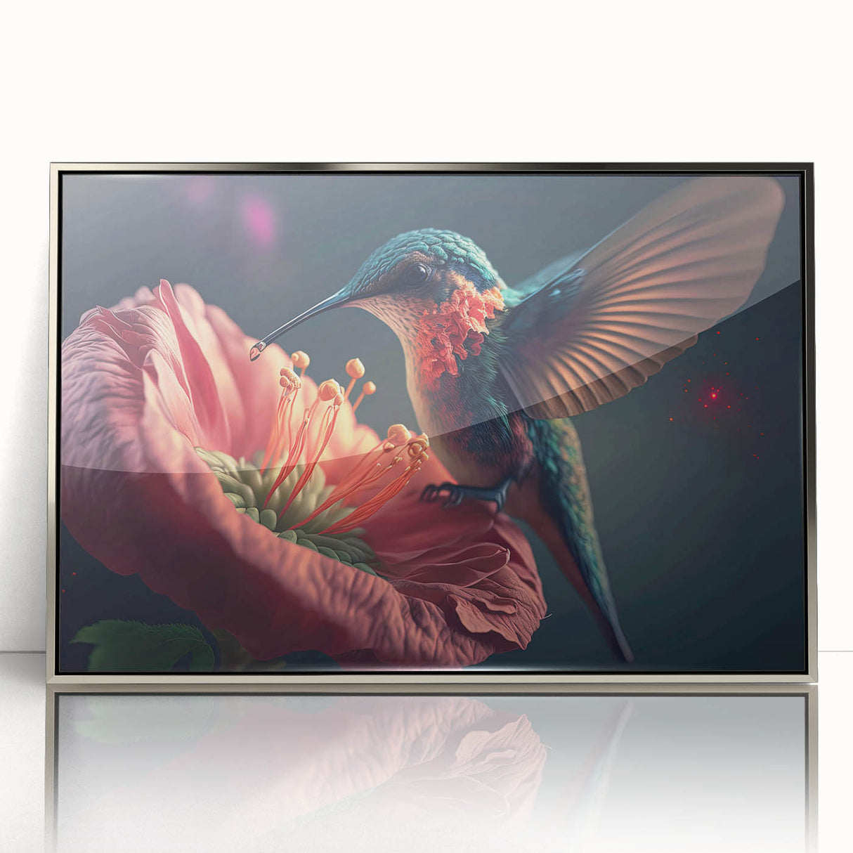 Framed acrylic wall art showcasing a vibrant hummingbird design in silver, perfect for adding a touch of nature-inspired elegance to home decor.
