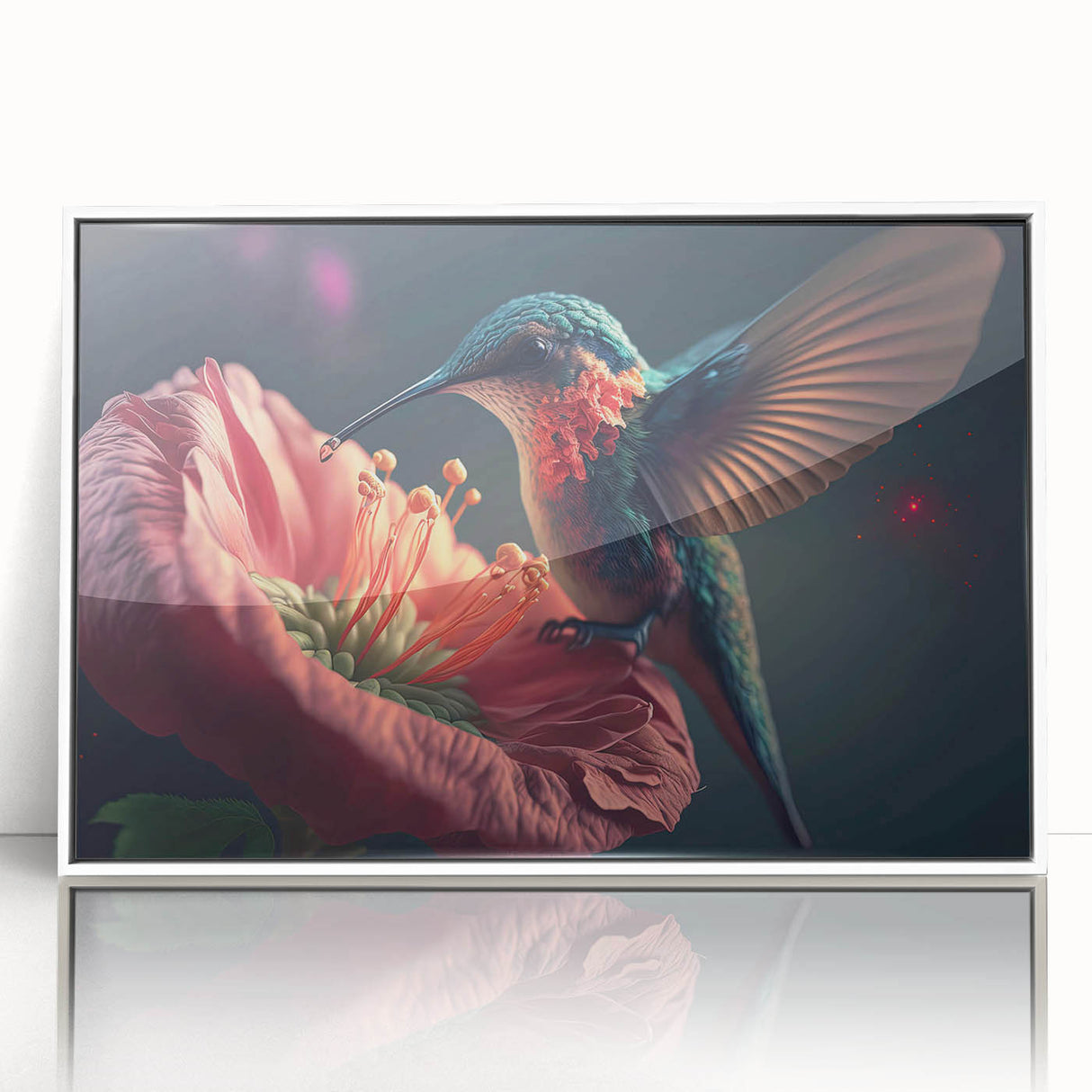Framed wall art featuring a vibrant hummingbird design, showcasing intricate details and bright colors on an acrylic surface, perfect for adding a lively touch to any decor.