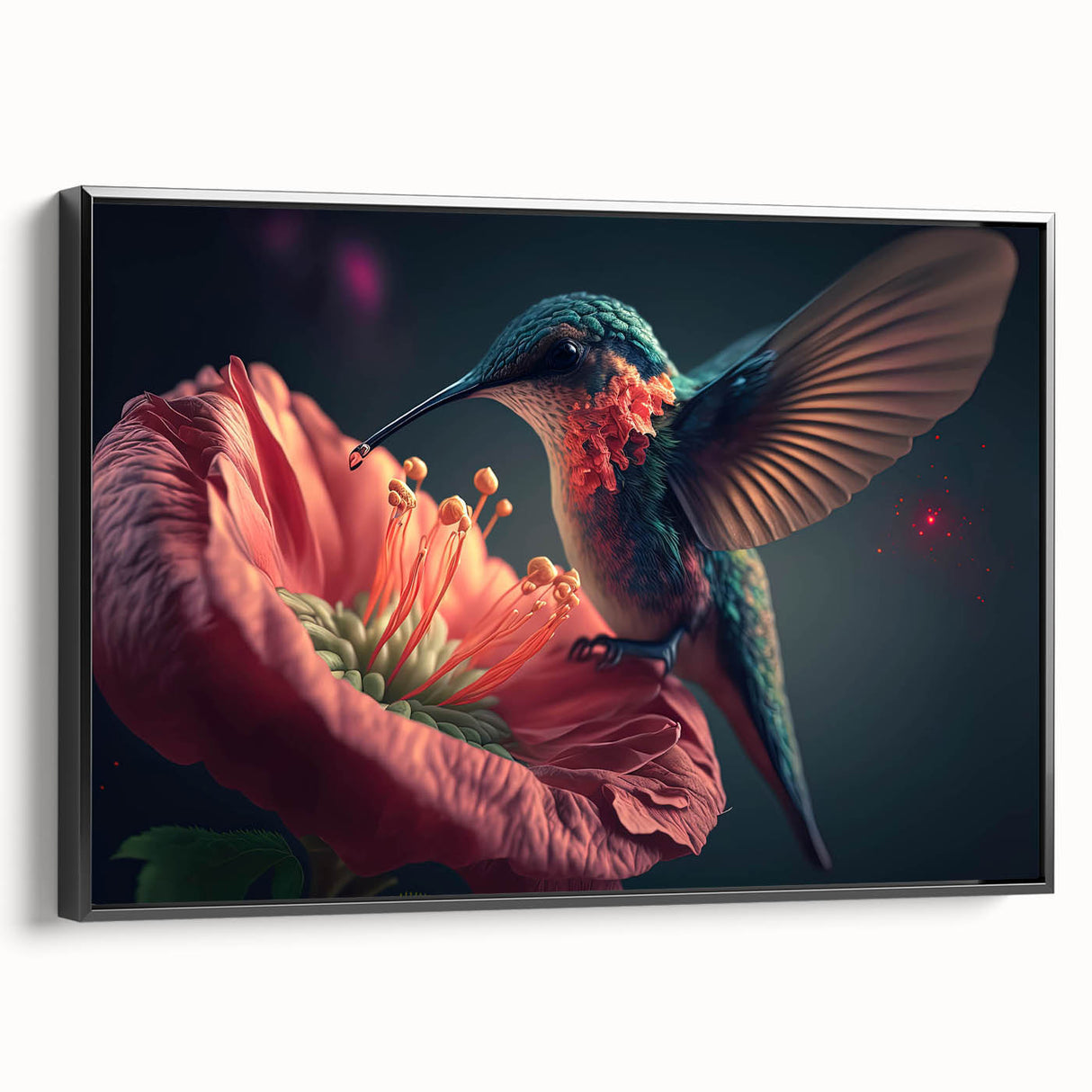 Framed canvas wall art featuring a vibrant hummingbird design, highlighted in rich colors with a sleek black frame, ideal for enhancing home decor.