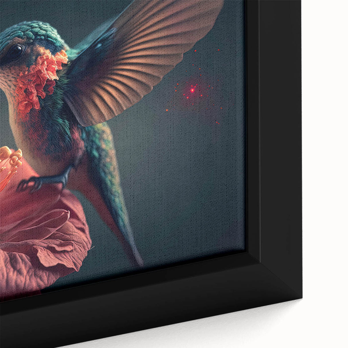 Close-up of a framed canvas wall art piece showcasing a vibrant hummingbird design surrounded by colorful floral elements, ideal for nature lovers and home decor enthusiasts.