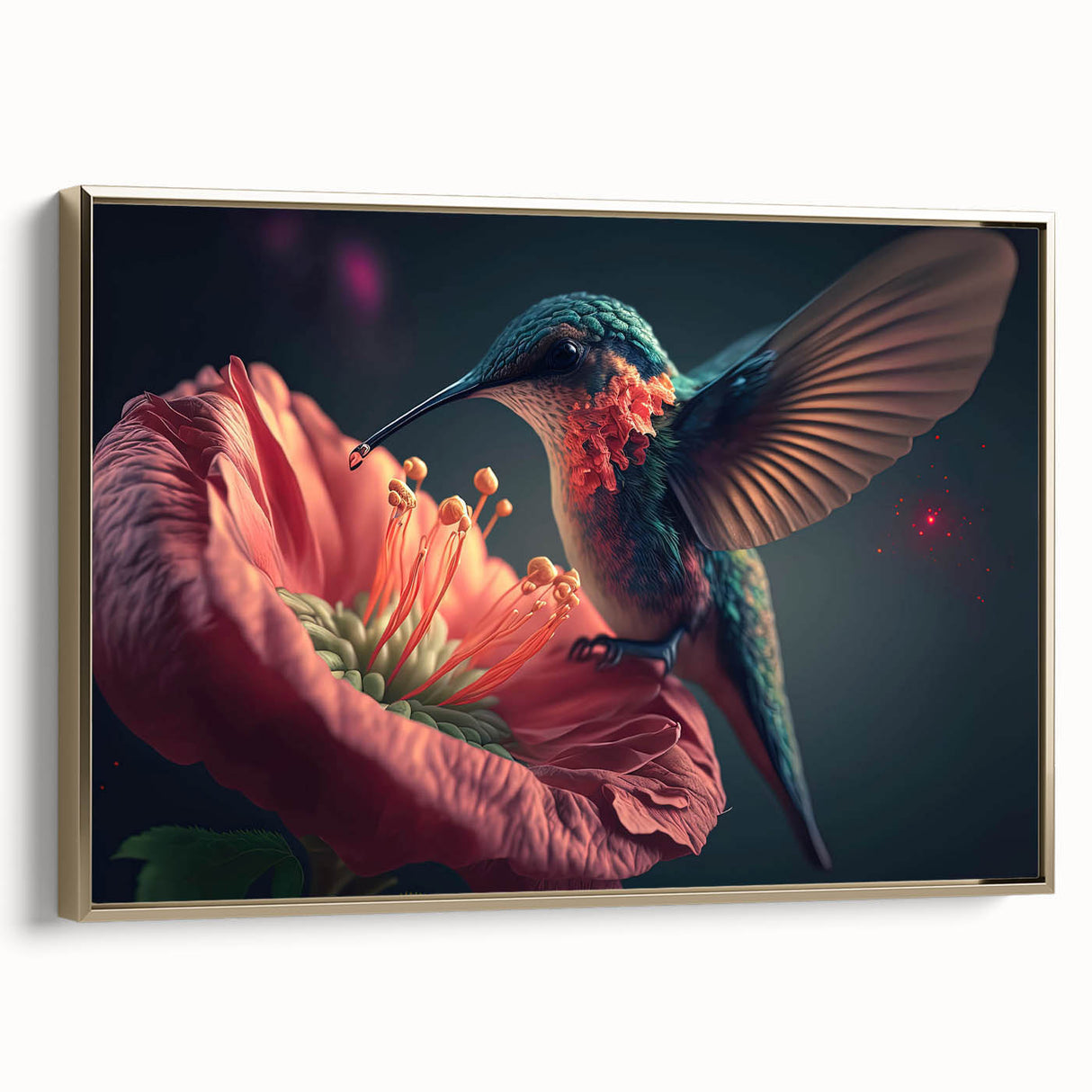 Framed canvas wall art showcasing a vibrant hummingbird design with gold accents, displayed from a side view. Ideal for adding a touch of nature-inspired elegance to home decor.