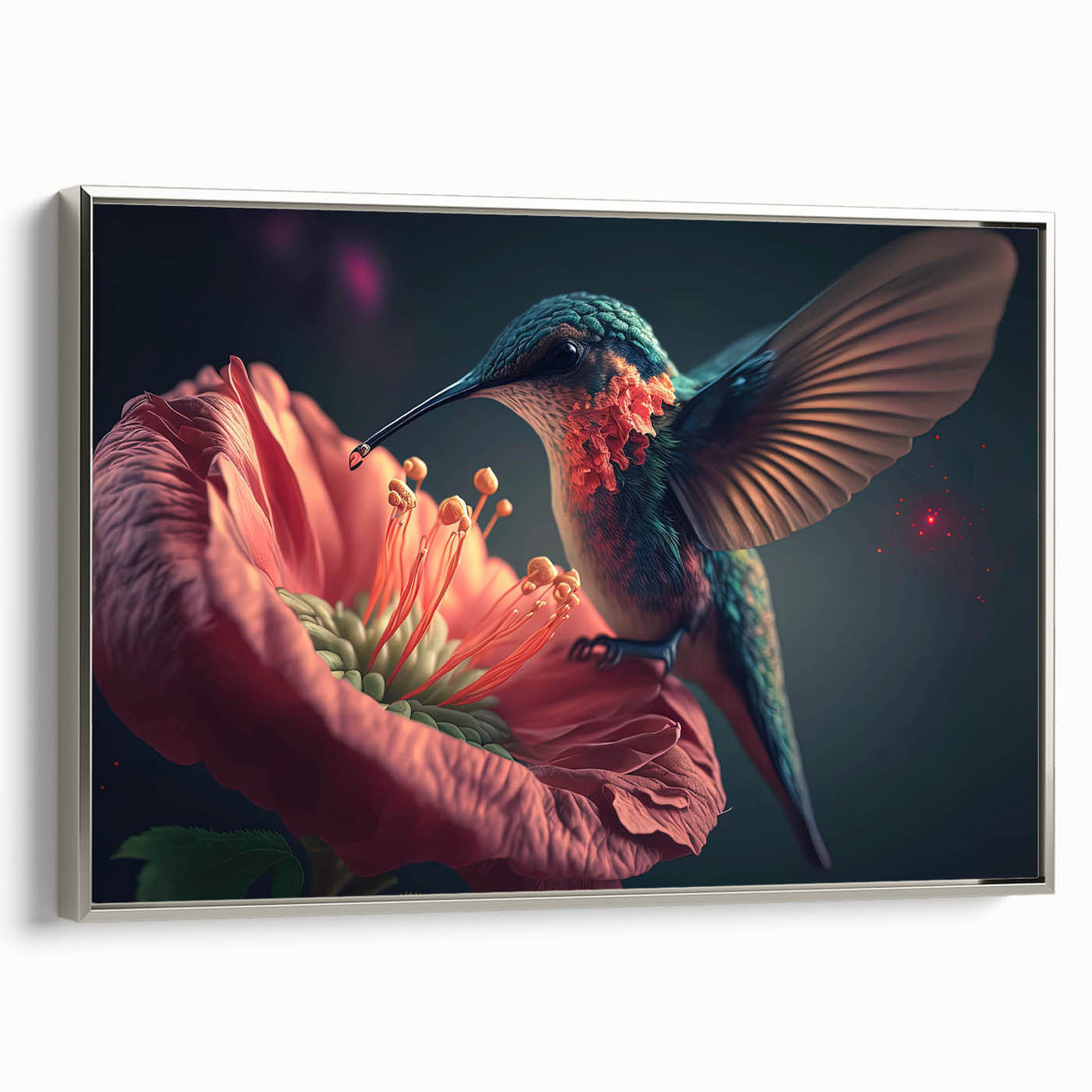 Framed wall art collection showcasing a beautiful hummingbird design on textured canvas, with a sleek silver frame, perfect for home decor.