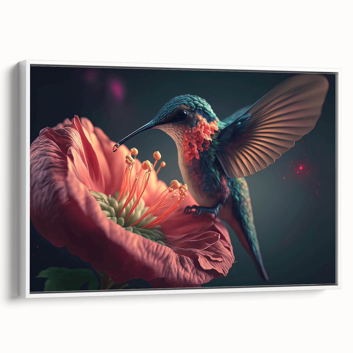 Framed canvas wall art featuring a vibrant hummingbird design, set against a white background, showcasing intricate colors and details for a lively home decor accent.