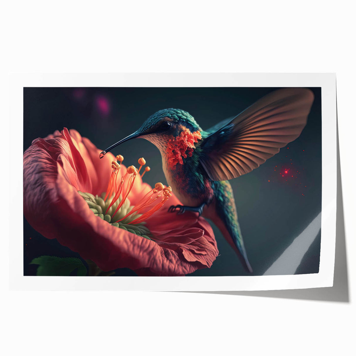 Vibrant rolled print of a hummingbird design, showcasing intricate details and bright colors, ideal for enhancing living spaces and wall decor aesthetics.