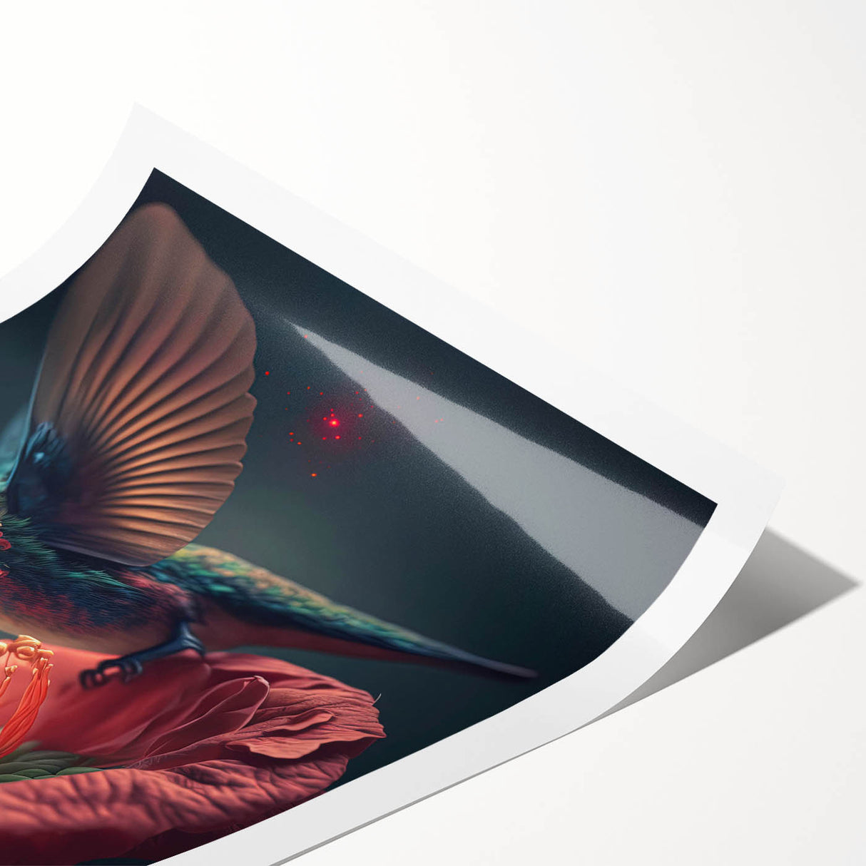 Vibrant rolled print showcasing a detailed hummingbird design in a lush, colorful setting, perfect for adding a touch of nature-inspired elegance to any space. Ideal for bird lovers and home decor enthusiasts.