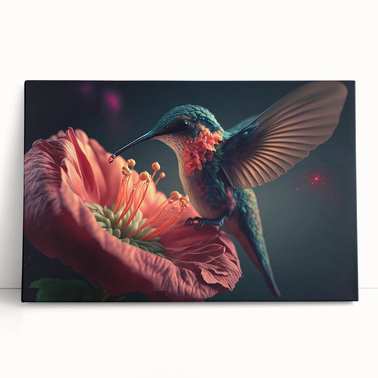 Vibrant stretched canvas wall art featuring a colorful hummingbird design, showcasing intricate details and rich hues, perfect for enhancing any modern decor.