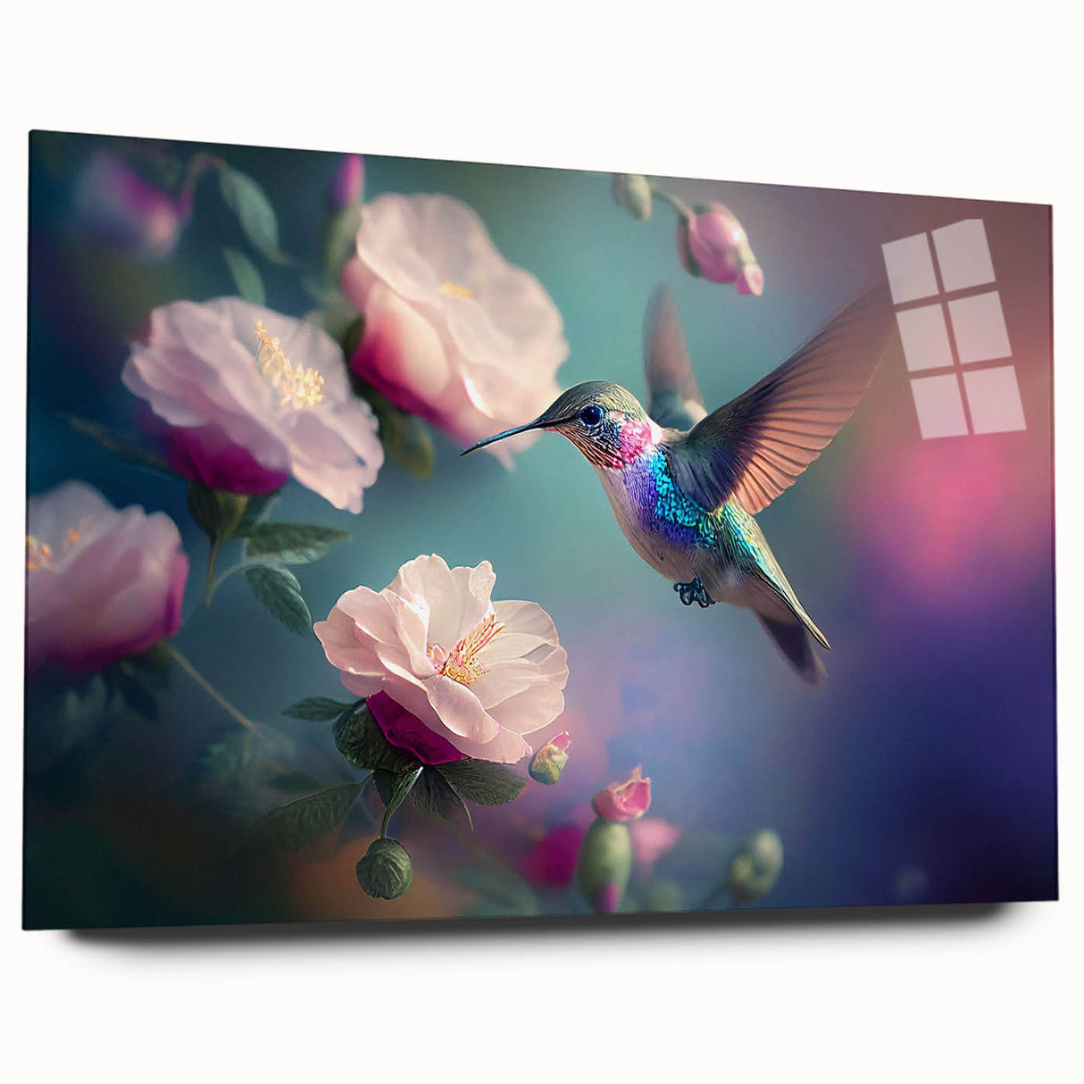 Colorful hummingbird wall art collection displayed in a sleek acrylic glass frame, showcasing detailed designs and vibrant colors, perfect for modern decor.