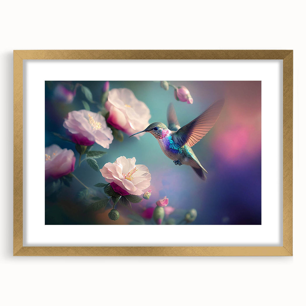Elegant wall art featuring a hummingbird design in a gold frame with a mat, showcasing vibrant colors and intricate details, perfect for bird lovers and home decor enthusiasts.