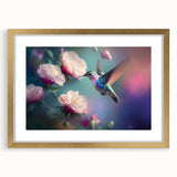 Elegant wall art featuring a hummingbird design in a gold frame with a mat, showcasing vibrant colors and intricate details, perfect for bird lovers and home decor enthusiasts.
