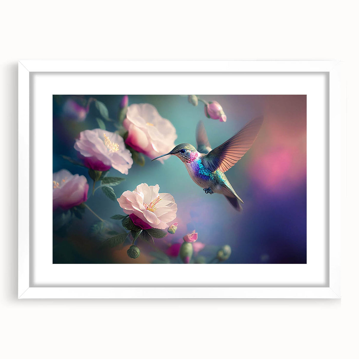 Framed wall art collection featuring a vibrant hummingbird design on a white mat, showcasing intricate details and colors, perfect for home decor enthusiasts.