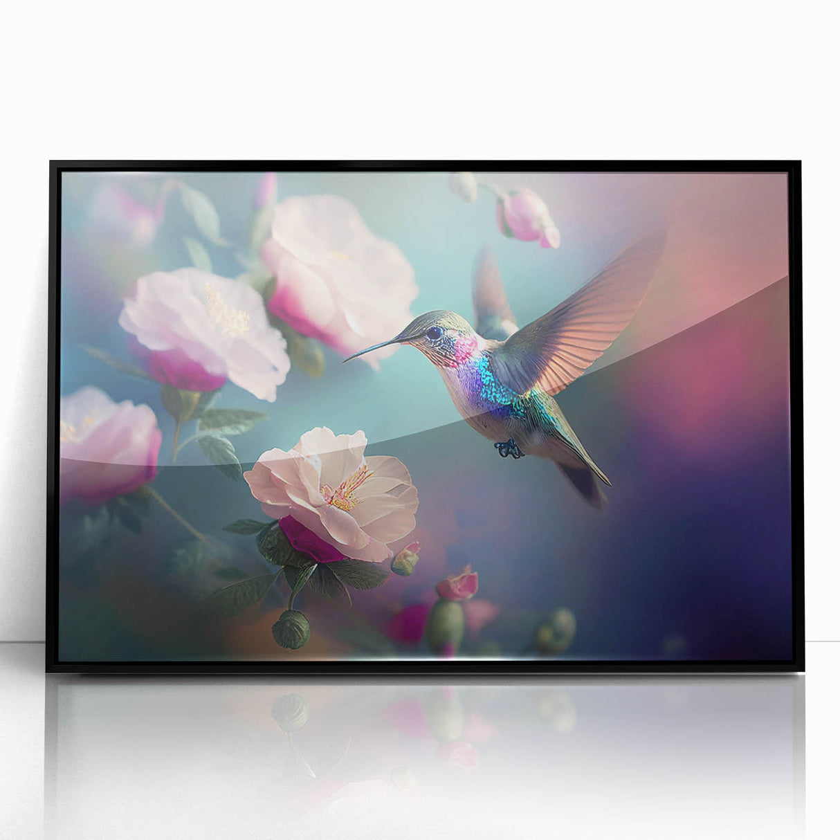 Framed wall art showcasing a vibrant hummingbird design on acrylic with a sleek black frame, perfect for adding a touch of nature-inspired decor to any room.