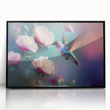 Framed wall art showcasing a vibrant hummingbird design on acrylic with a sleek black frame, perfect for adding a touch of nature-inspired decor to any room.