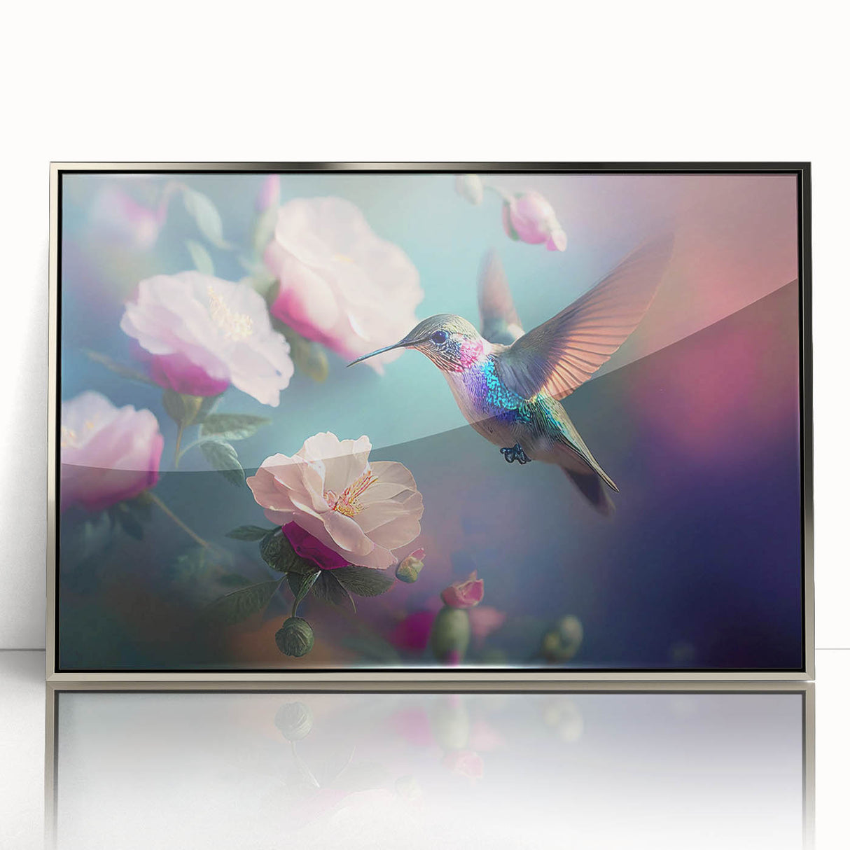 Framed wall art collection showcasing a vibrant hummingbird design in an elegant silver frame, ideal for adding a touch of nature-inspired decor to any space.