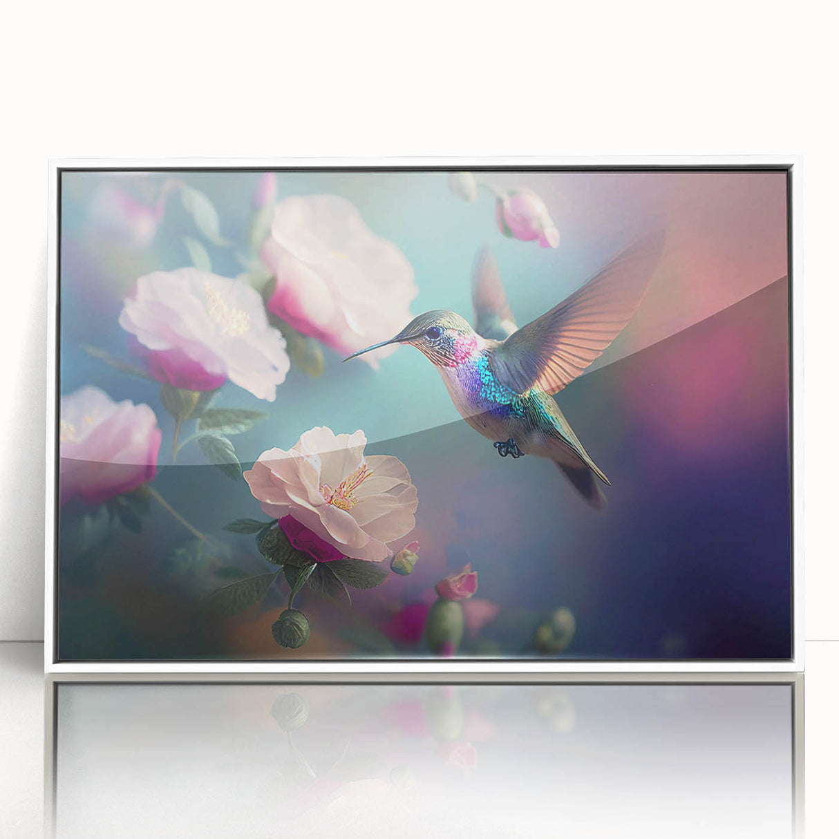 Framed wall art collection featuring a vibrant hummingbird design in acrylic, showcasing intricate details and vivid colors, perfect for enhancing home decor.