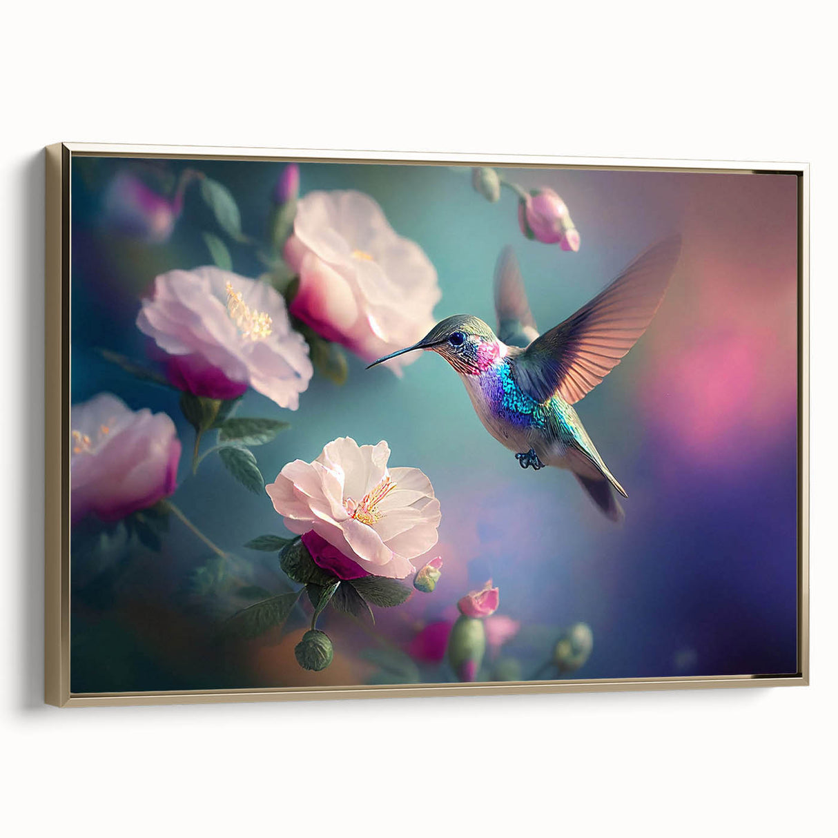 Framed wall art featuring a vibrant hummingbird design on canvas, with a gold frame adding elegance, ideal for home decor enthusiasts seeking nature-inspired aesthetics.